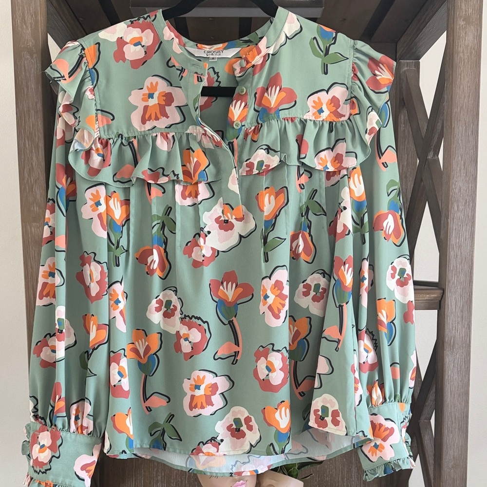 CROSBY by Mollie Burch Floral Ruffle Blouse - Mint Green